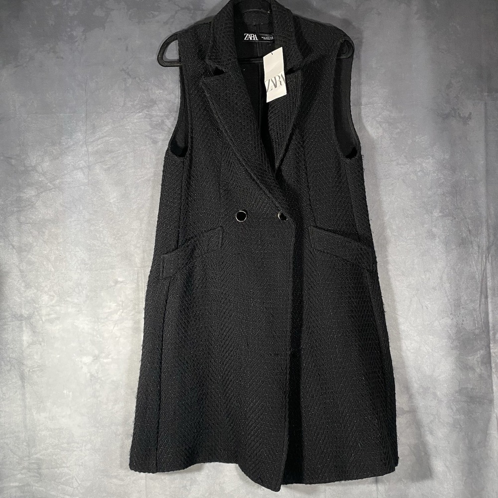 Zara Long Black Sleeveless Two Button Structured Vest Size M NWT